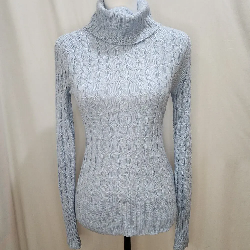New York & Company Light Blue Cable Knit Turtle Neck Sweater, Size XS - Picture 1 of 6